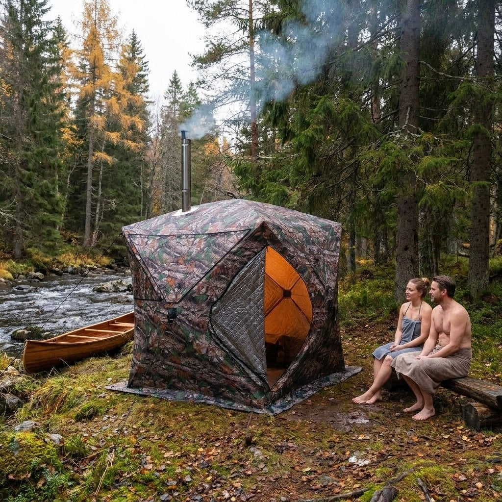 Bastutält Q10 Camo i användning i skogen vid en älv, två badare svalkar sig utanför