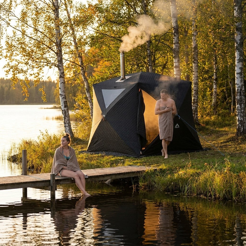 Bastutält Q10 XL MV i användning vid en sjö i höstsol, rök från skorstenen och en badare på bryggan
