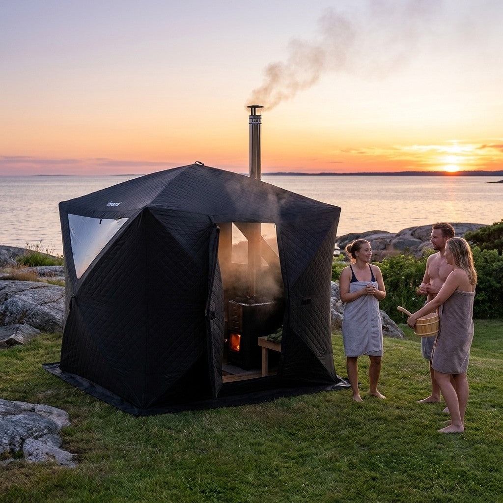 Bastutält Q17 Cube XXL Black Edition vid havet i solnedgång med ett sällskap utanför