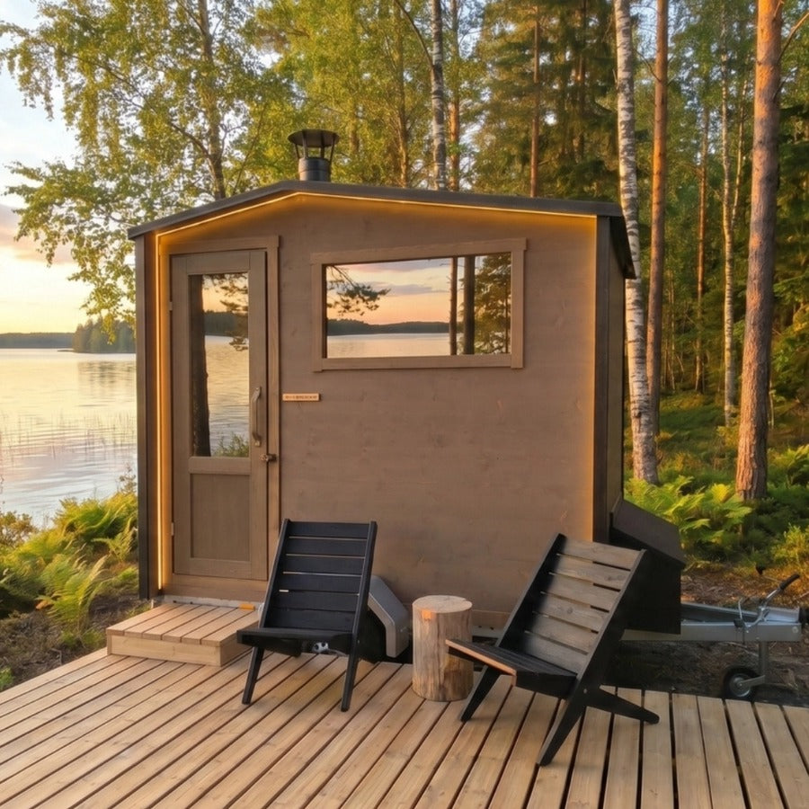 Lapelland XS bastuvagn sedd framifrån med dörr och fönster, på trädäck vid sjö