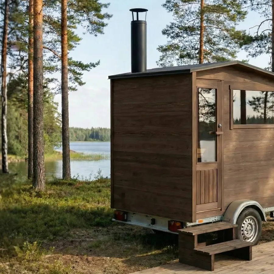 Hela Lapelland XS bastuvagnen med chassi och dragstång, uppställd i skogen vid sjön