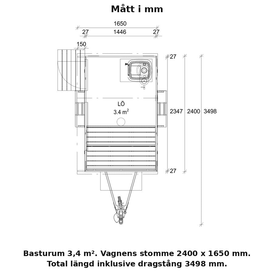 Måttritning för Lapelland XS, basturum 3,4 kvadratmeter och stomme 2400 x 1650 mm