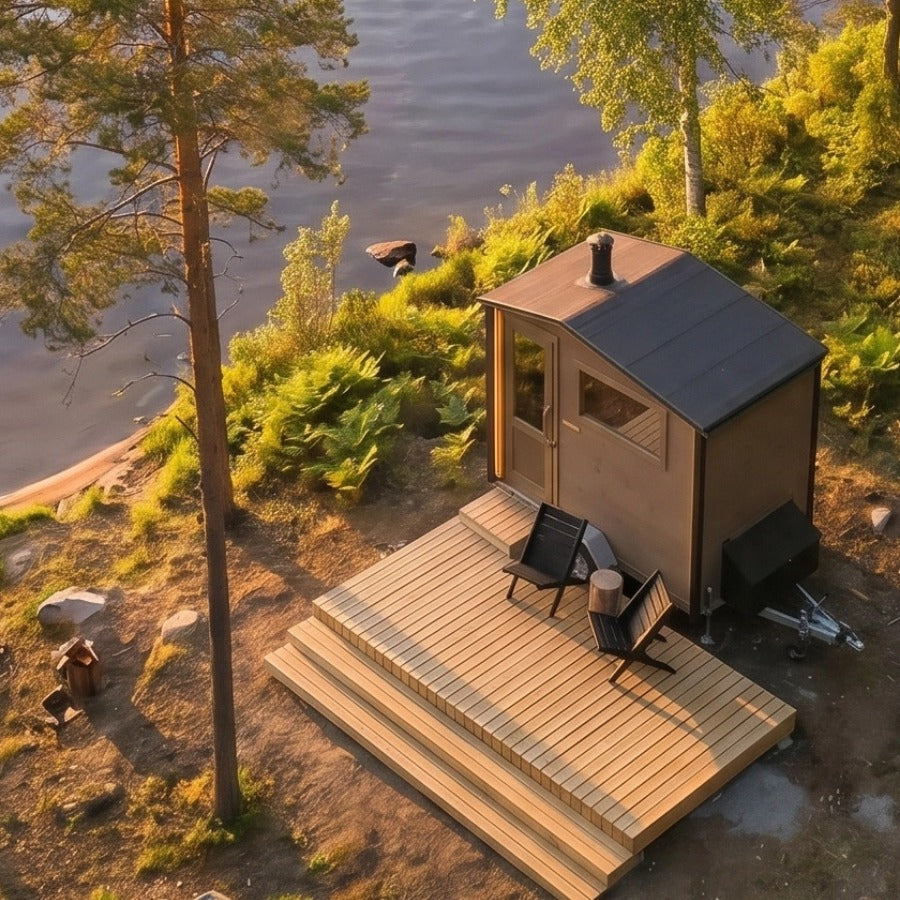 Lapelland XS bastuvagn sedd ovanifrån, hela vagnen med chassi och trädäck