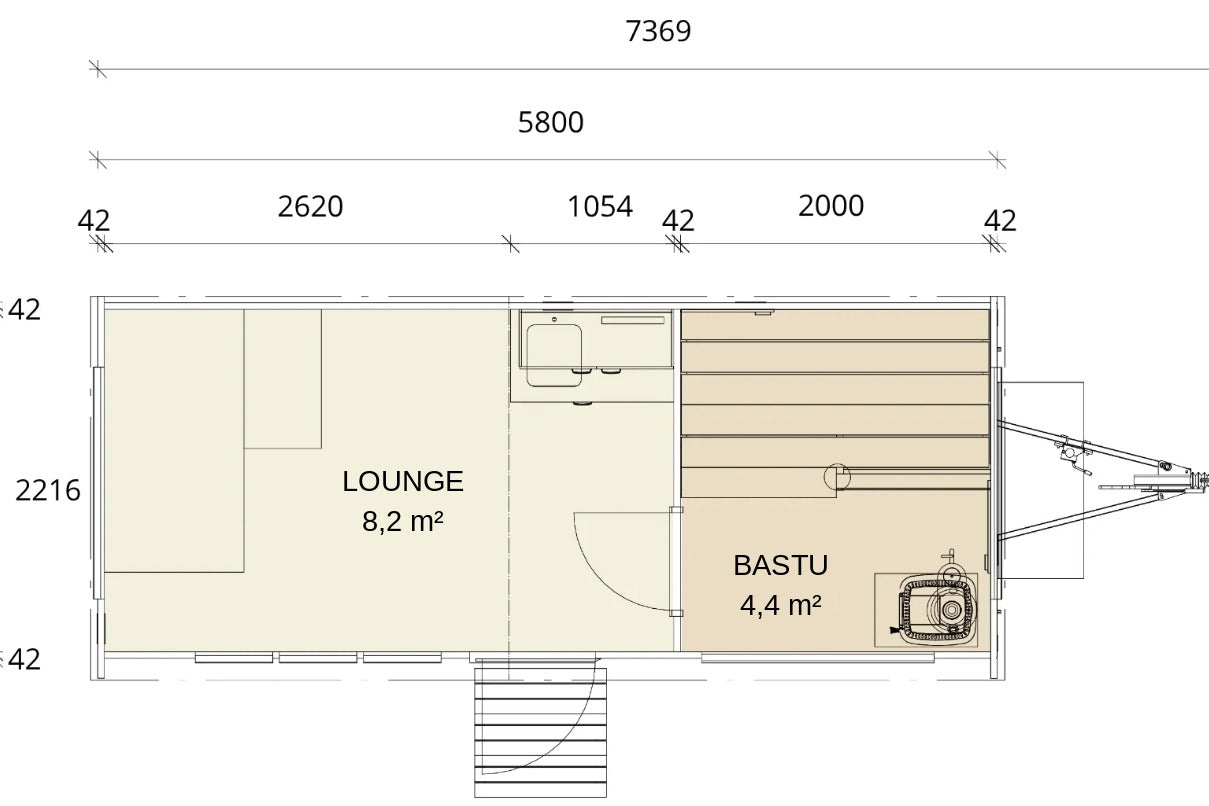 Planlösning och mått för Lapelland Sauna XL, lounge 8,2 kvadratmeter och bastu 4,4 kvadratmeter