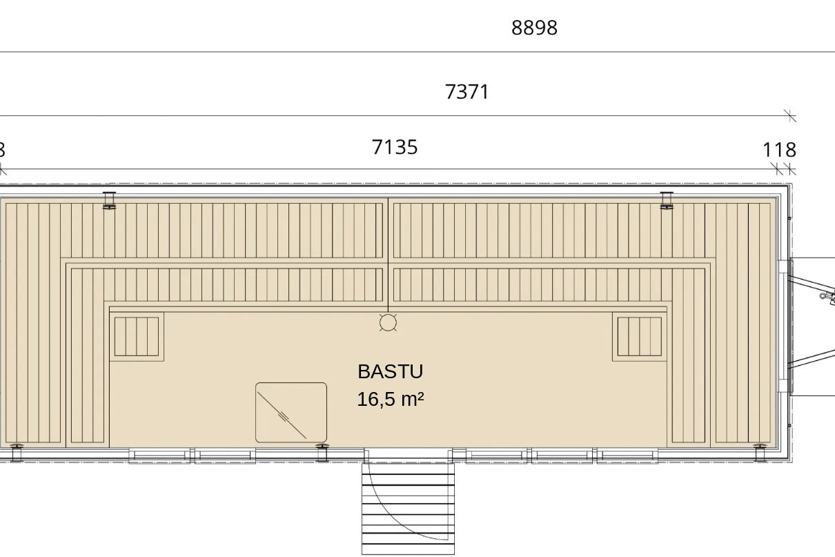 Planlösning och mått för Lapelland Sauna XXL, basturum 16,5 kvadratmeter