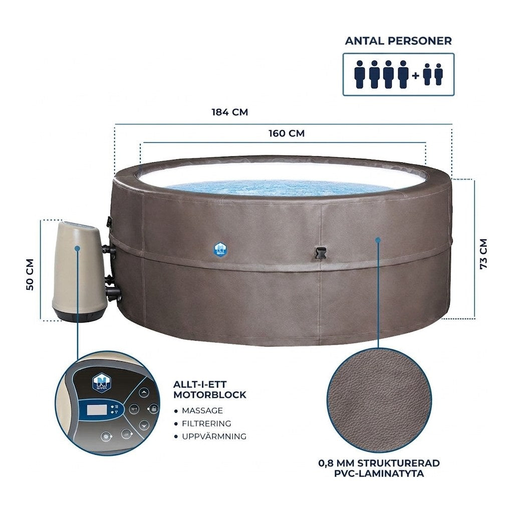 Mått NetSpa Vita Premium: ytterdiameter 184 cm, innerdiameter 160 cm, höjd 73 cm och motorblock 50 cm
