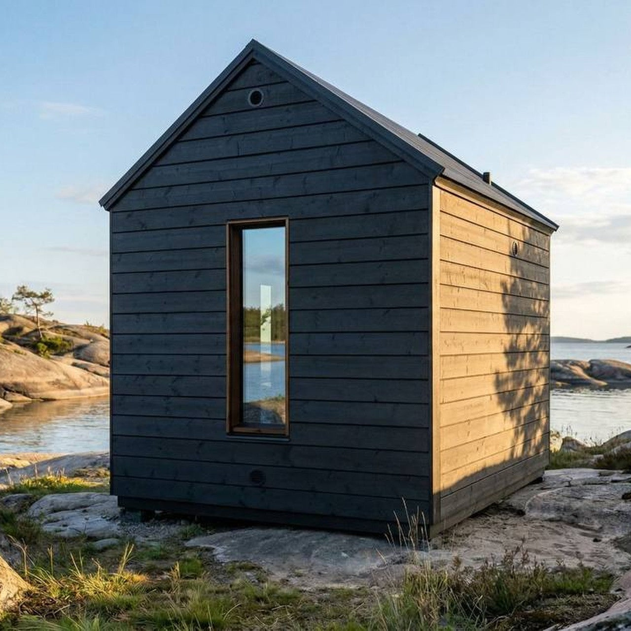 OmaSauna Arvo bastustuga gavel med fonster vid vatten