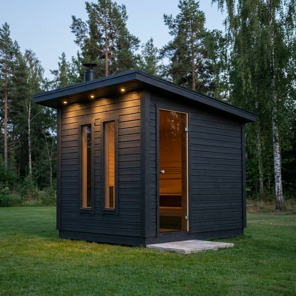 OmaSauna Medium bastustuga i svart, skymning, LED-belysning under takutsprang
