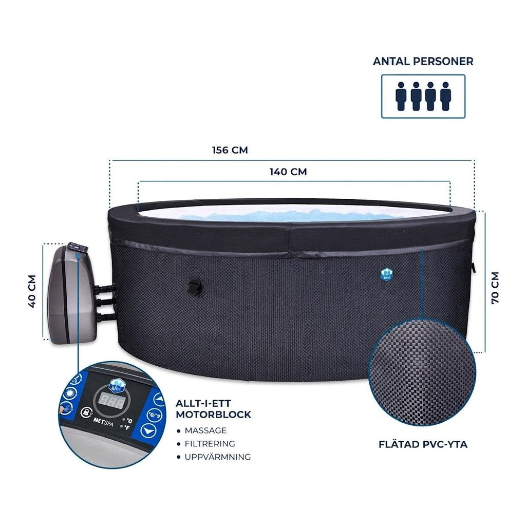 Mått NetSpa Vita: ytterdiameter 156 cm, innerdiameter 140 cm, höjd 70 cm och motorblock 40 cm