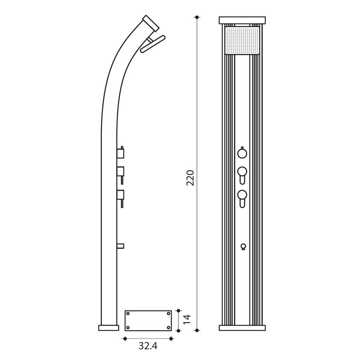 Måttritning för Formidra DADA Hybrid 40L Böjd, pelarhöjd 220 cm och sockel 32,4 x 14 cm